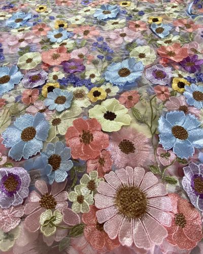 Multicolour Flower Applique On Big Width Net Fabric