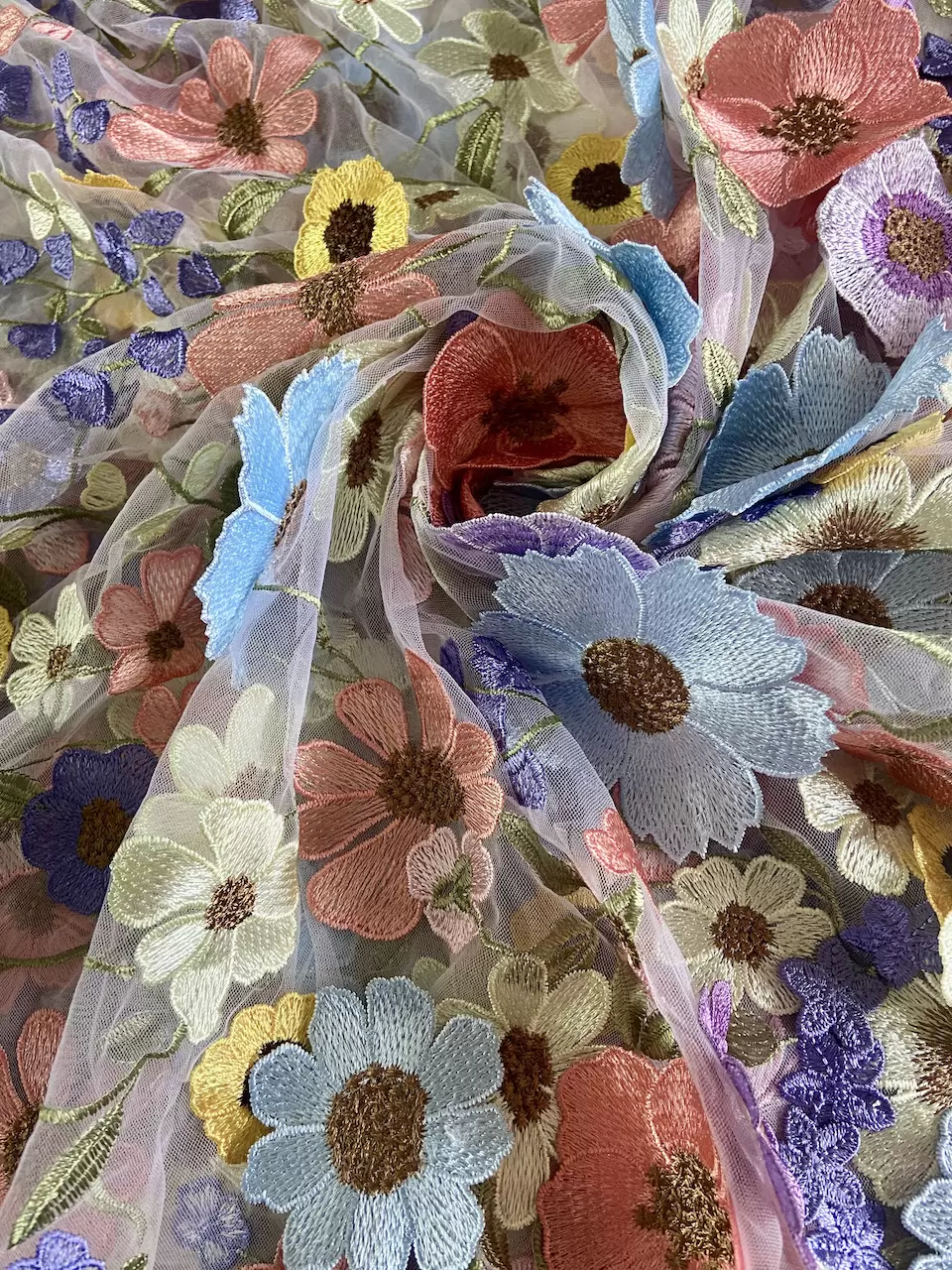 Multicolour Flower Applique On Big Width Net Fabric