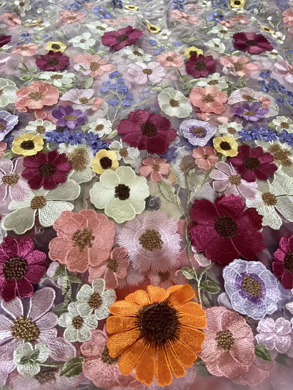 Multicolour Flower Applique On Big Width Net Fabric