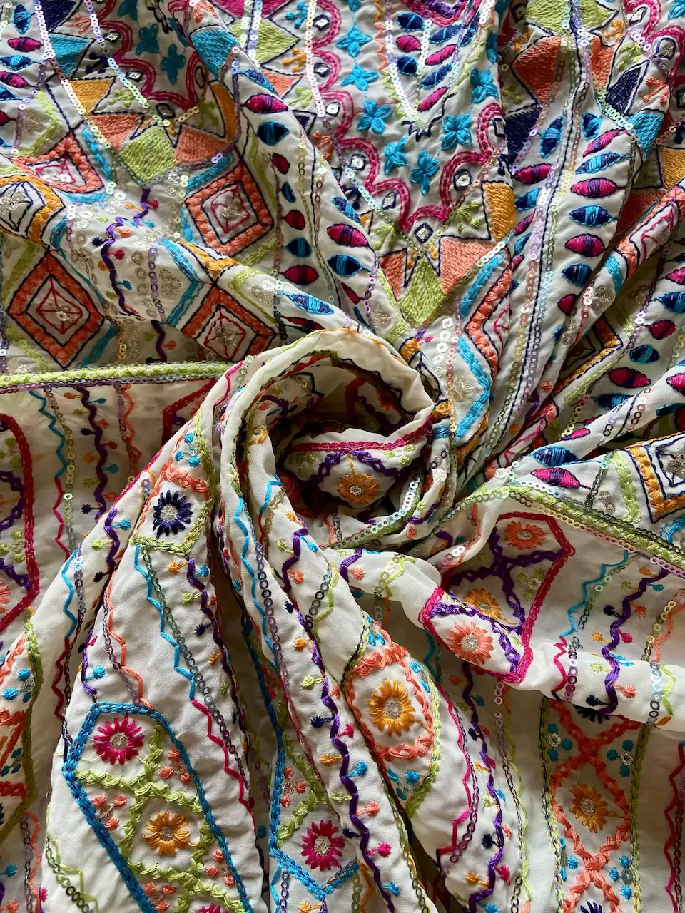 Multicoloured Thread Embroidery Bohemian Pattern On Beige & Lemon Creme Georgette Fabric