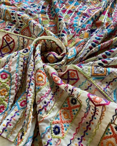 Multicoloured Thread Embroidery Bohemian Pattern On Beige & Lemon Creme Georgette Fabric