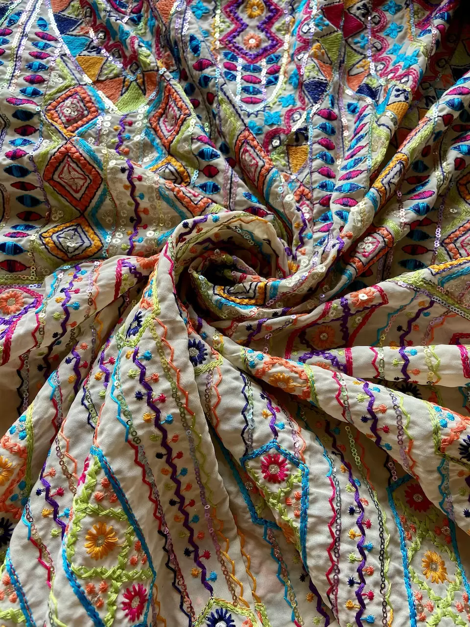 Multicoloured Thread Embroidery Bohemian Pattern On Beige & Lemon Creme Georgette Fabric