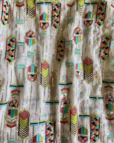 Exclusive Bohemian Multicoloured Embroidered White Georgette Fabric With Ethnic Pattern