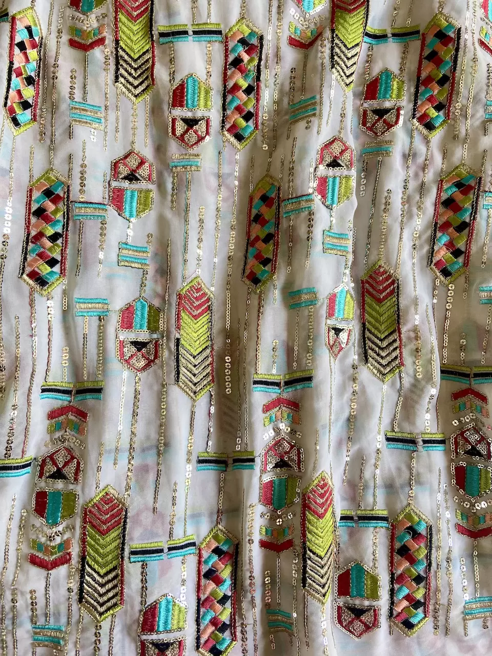 Exclusive Bohemian Multicoloured Embroidered White Georgette Fabric With Ethnic Pattern