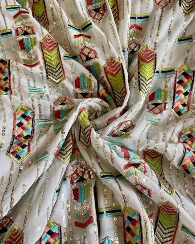 Exclusive Bohemian Multicoloured Embroidered White Georgette Fabric With Ethnic Pattern