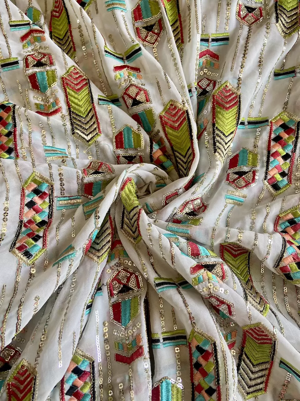 Exclusive Bohemian Multicoloured Embroidered White Georgette Fabric With Ethnic Pattern