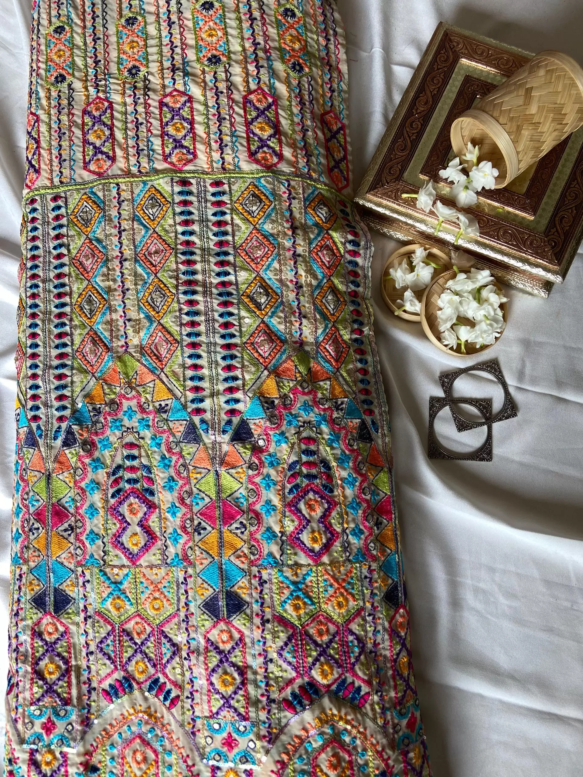 Multicoloured Thread Embroidery Bohemian Pattern On Beige & Lemon Creme Georgette Fabric