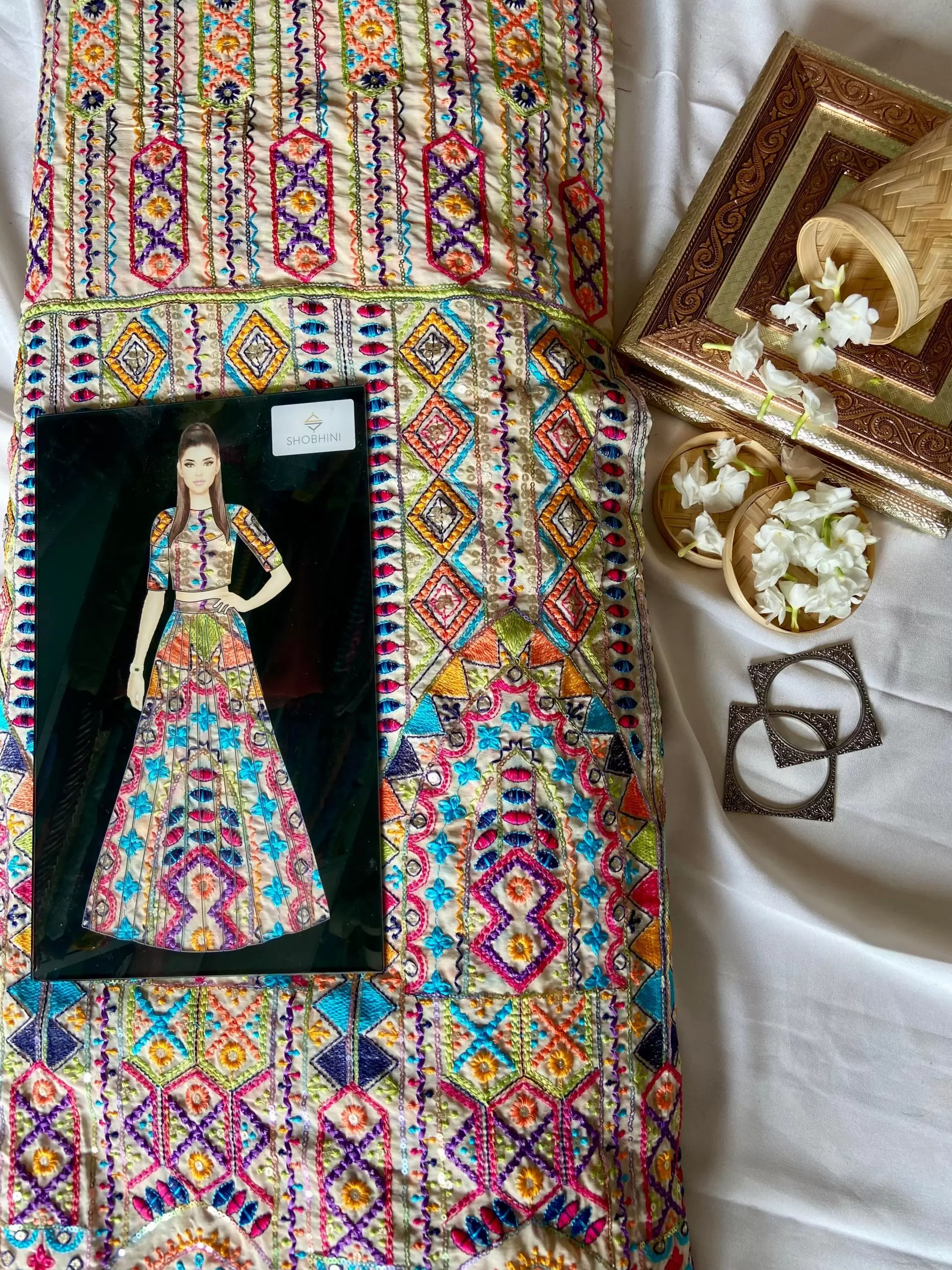 Multicoloured Thread Embroidery Bohemian Pattern On Beige & Lemon Creme Georgette Fabric