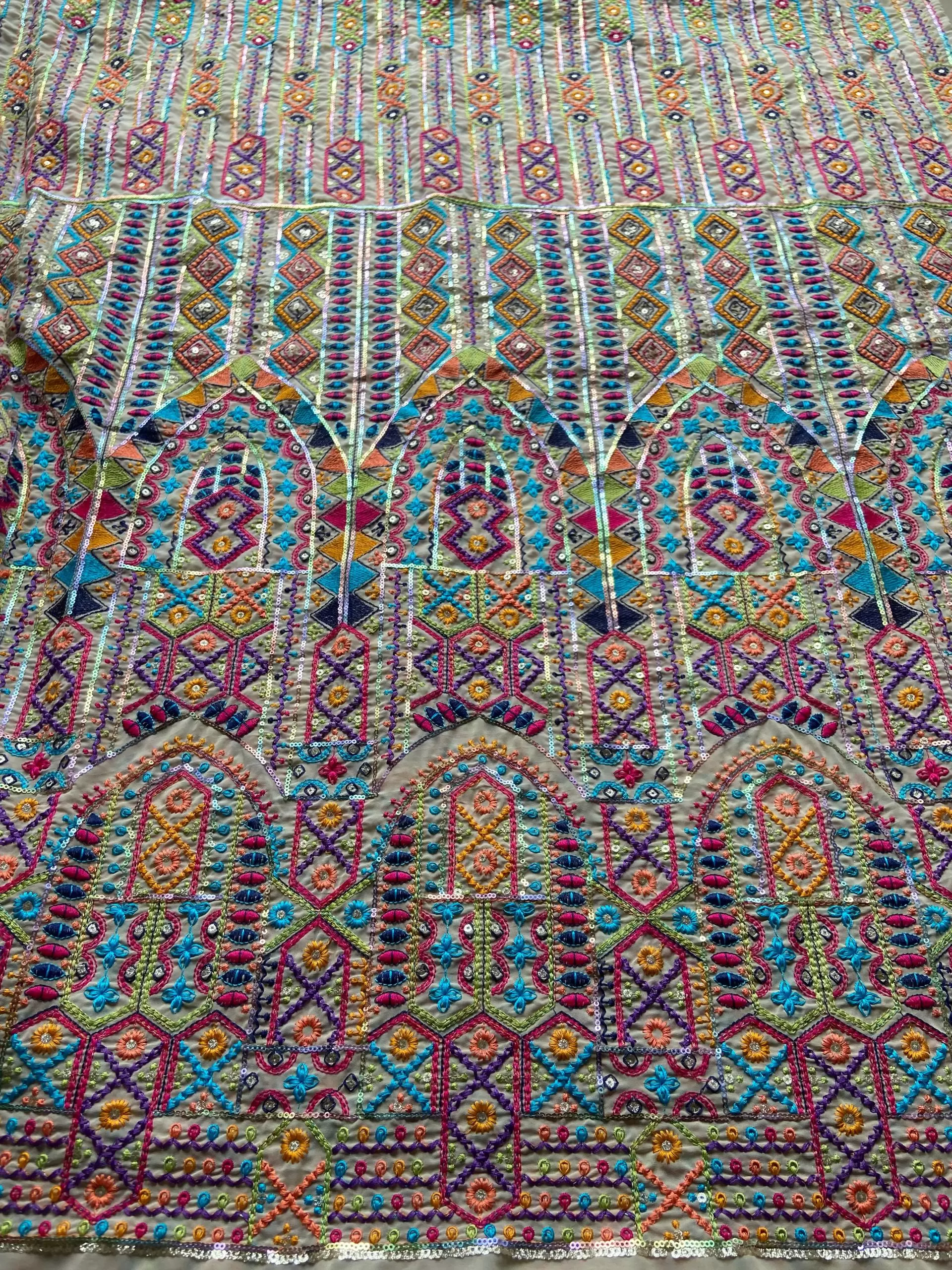 Multicoloured Thread Embroidery Bohemian Pattern On Beige & Lemon Creme Georgette Fabric