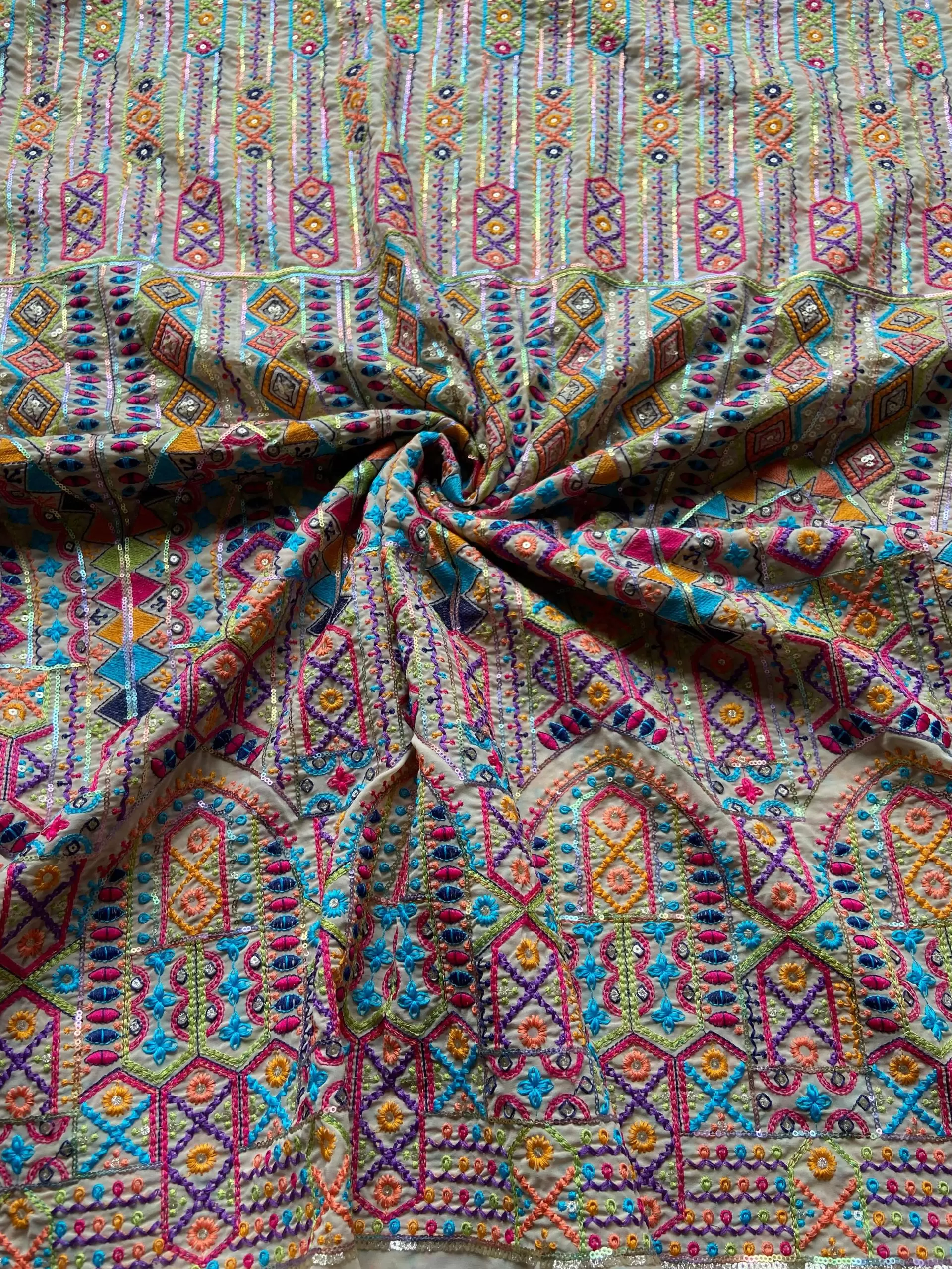 Multicoloured Thread Embroidery Bohemian Pattern On Beige & Lemon Creme Georgette Fabric