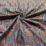 Multicoloured Thread Embroidery Bohemian Pattern On Beige & Lemon Creme Georgette Fabric