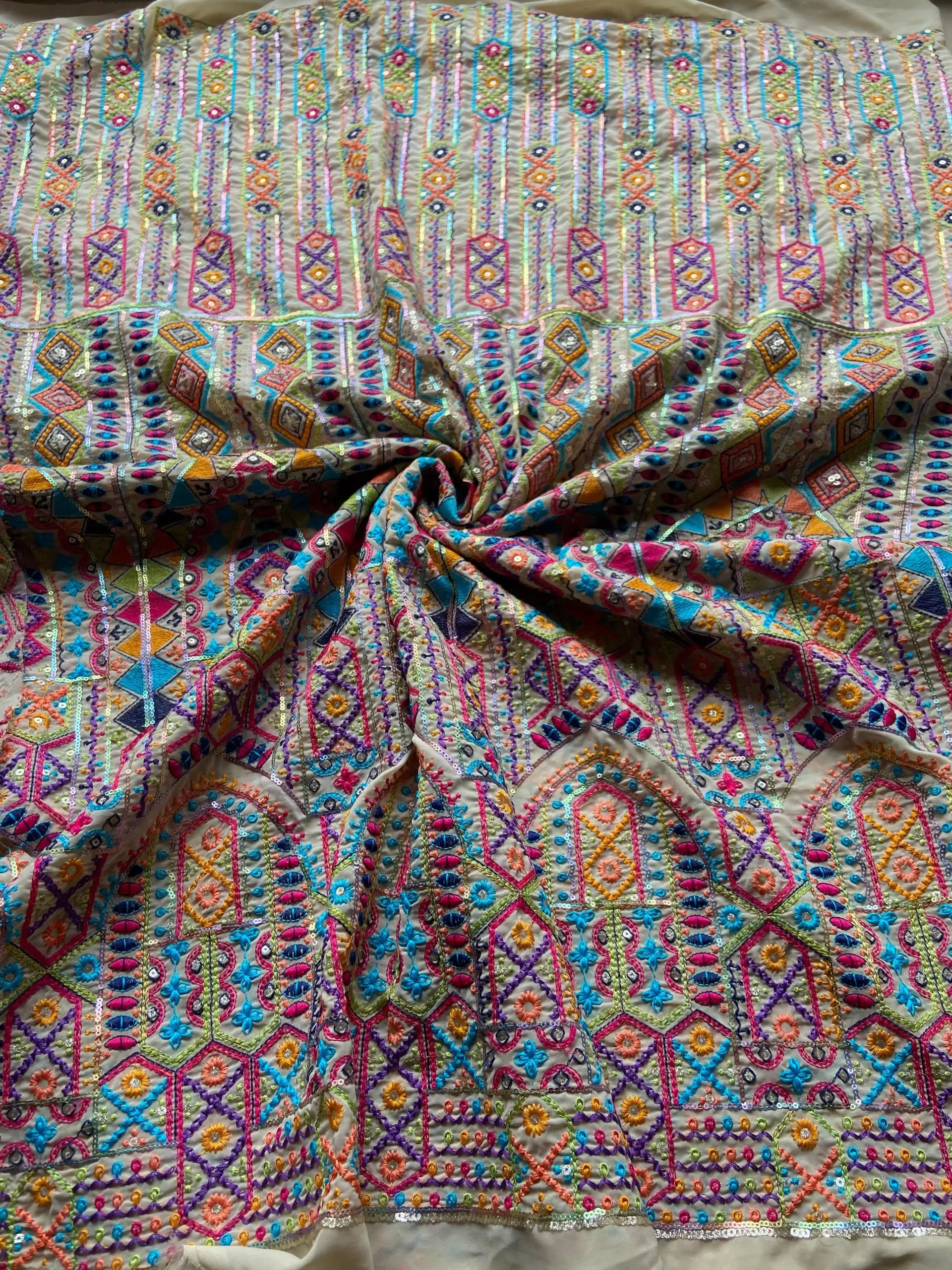 Multicoloured Thread Embroidery Bohemian Pattern On Beige & Lemon Creme Georgette Fabric