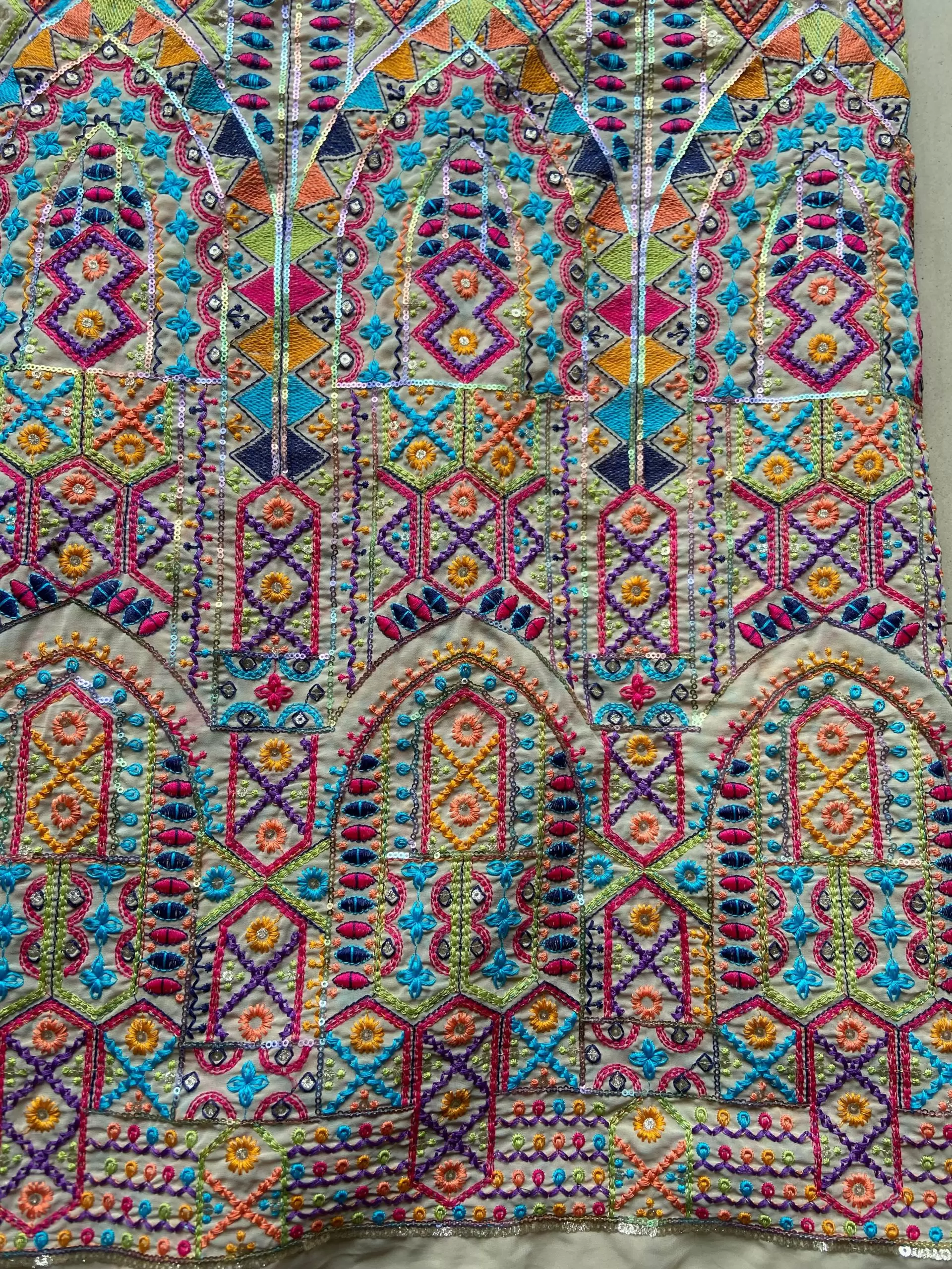 Multicoloured Thread Embroidery Bohemian Pattern On Beige & Lemon Creme Georgette Fabric