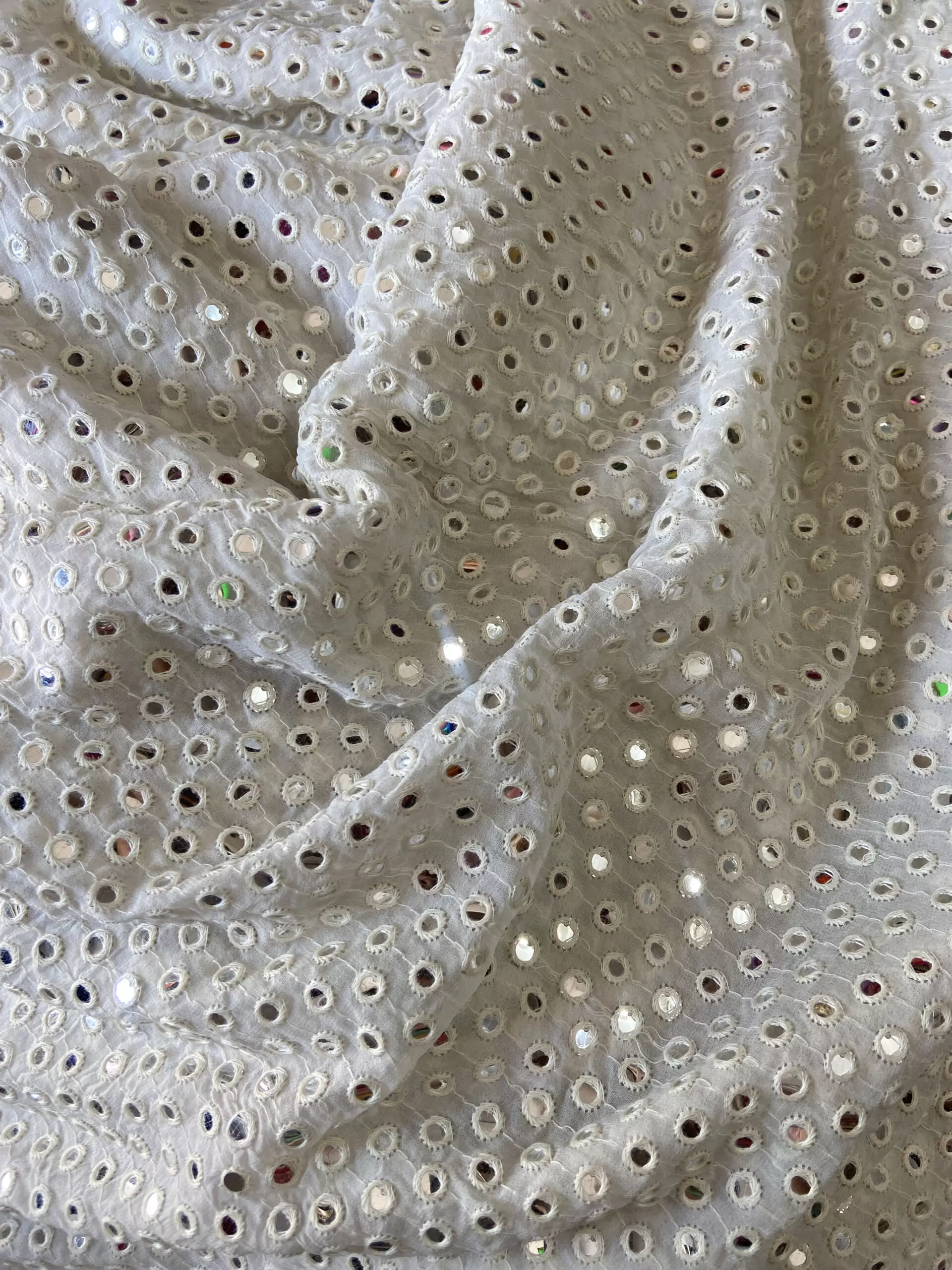 OFF-WHITE PURE GEORGETTE SINGLE MIRROR AND THREAD EMBROIDERED FABRIC