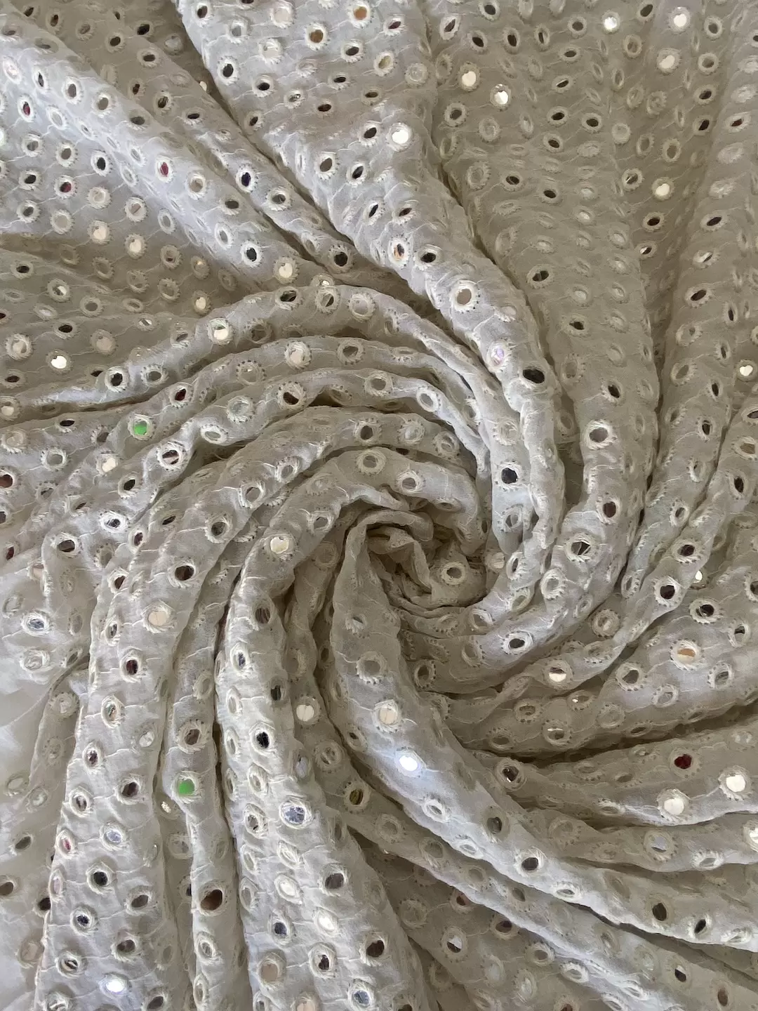 OFF-WHITE PURE GEORGETTE SINGLE MIRROR AND THREAD EMBROIDERED FABRIC