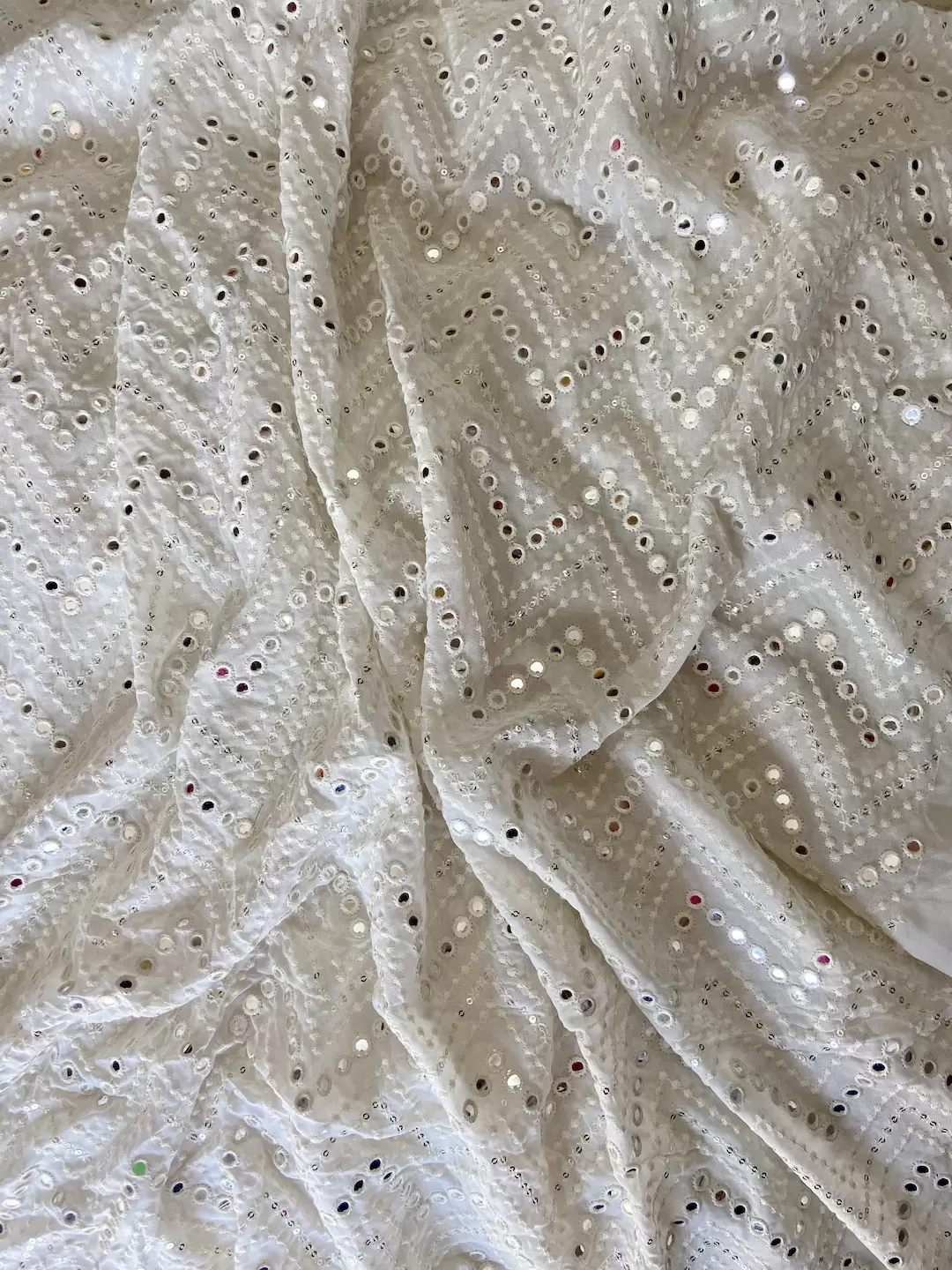 Off-White Pure Georgette Mirror and Thread Embroidered Fabric in Zig Zag Pattern