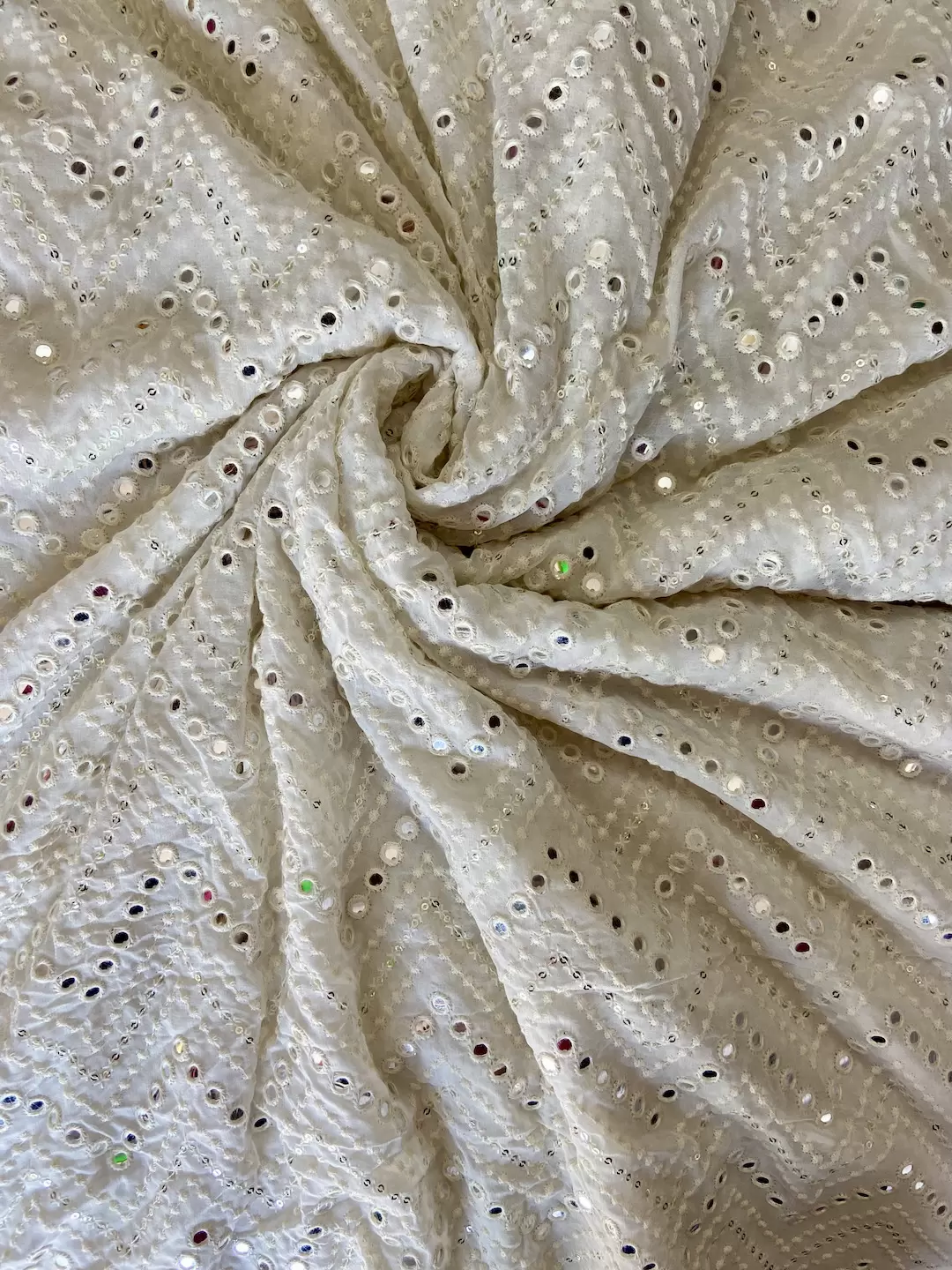 Off-White Pure Georgette Mirror and Thread Embroidered Fabric in Zig Zag Pattern