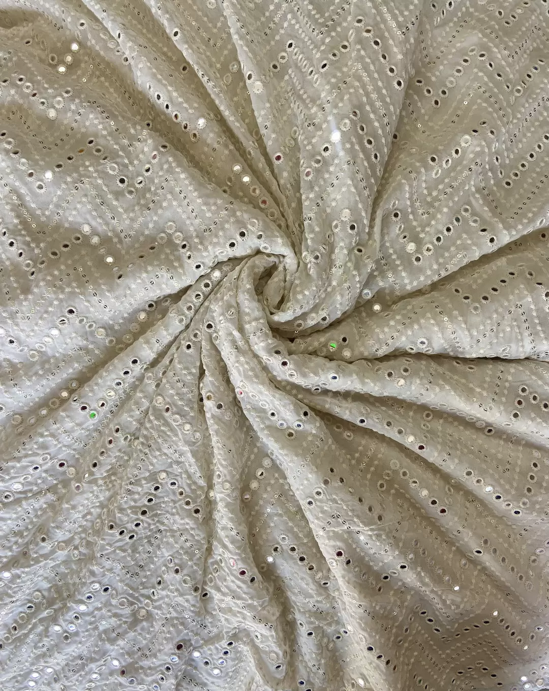Off-White Pure Georgette Mirror and Thread Embroidered Fabric in Zig Zag Pattern