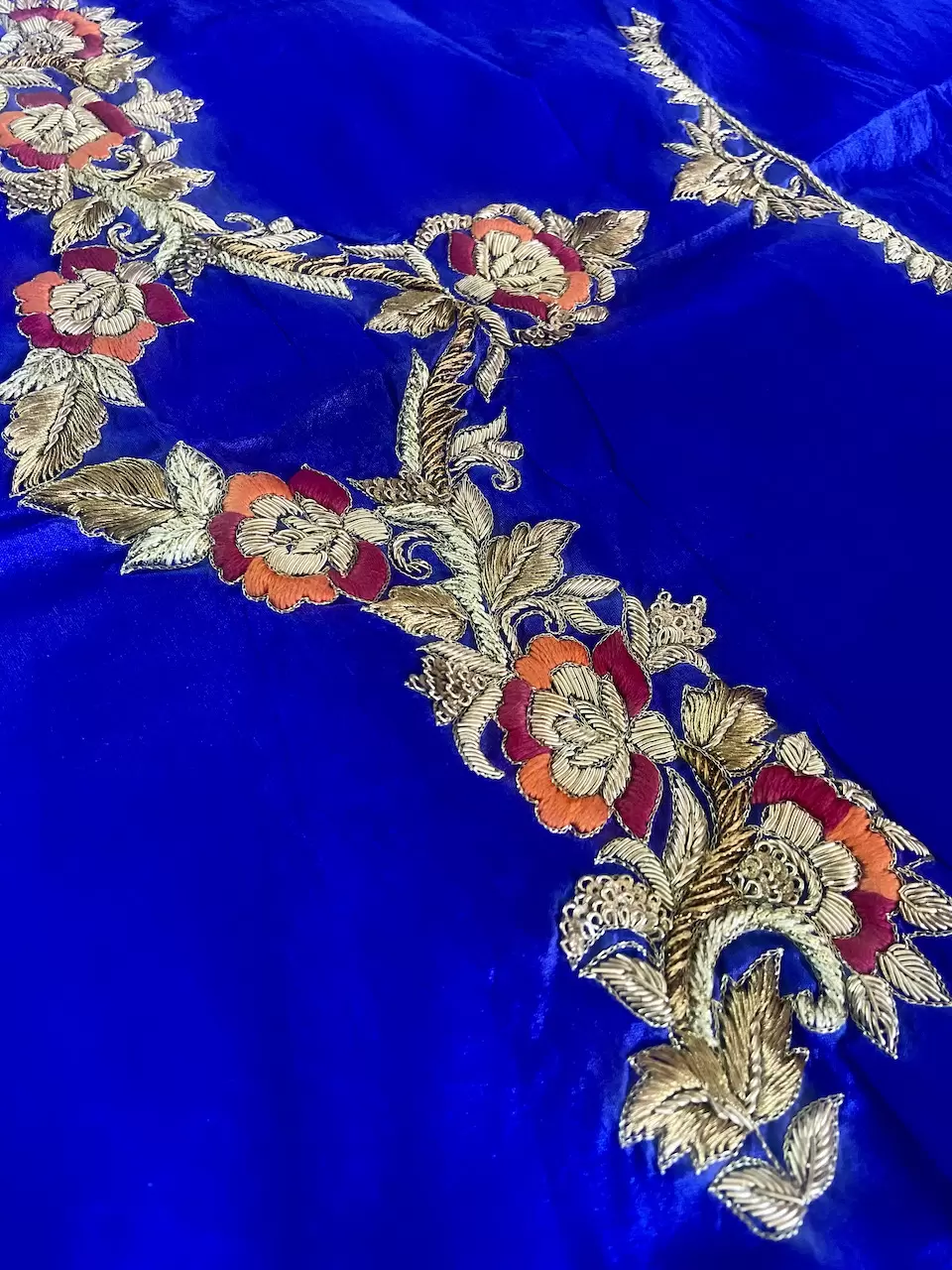 Zardozi Hand Embroidery In On Royal Blue Pure Silk Unstitched Blouse Piece