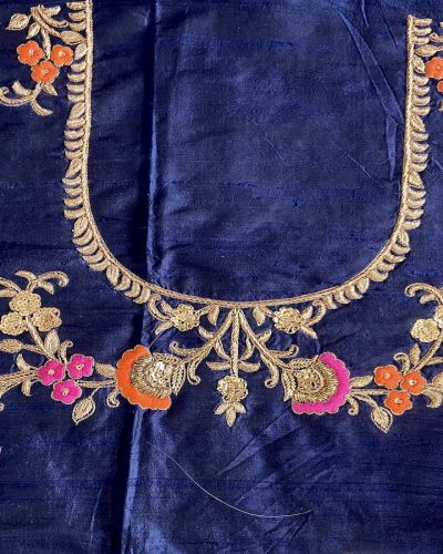 Heavy zardozi and Thread Embroidered On Navy Blue Pure Silk Unstitched Blouse Piece