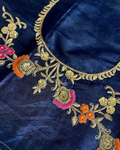 Heavy zardozi and Thread Embroidered On Navy Blue Pure Silk Unstitched Blouse Piece