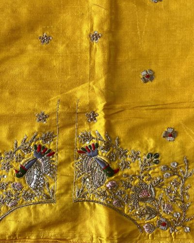 Zardozi & Thread Work Embroidery On Yellow Unstitched Blouse Piece