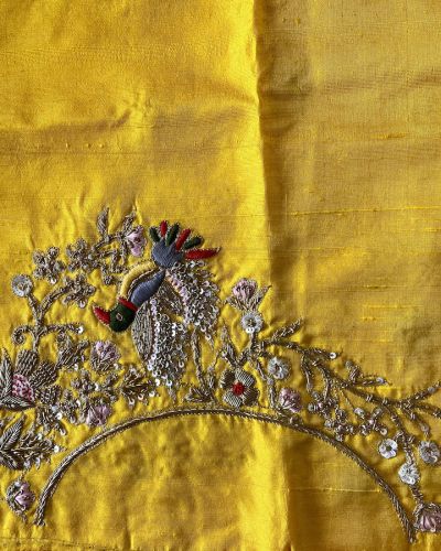 Zardozi & Thread Work Embroidery On Yellow Unstitched Blouse Piece