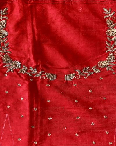 Zardozi & All Over Buta Design On Red Unstitched Blouse Piece