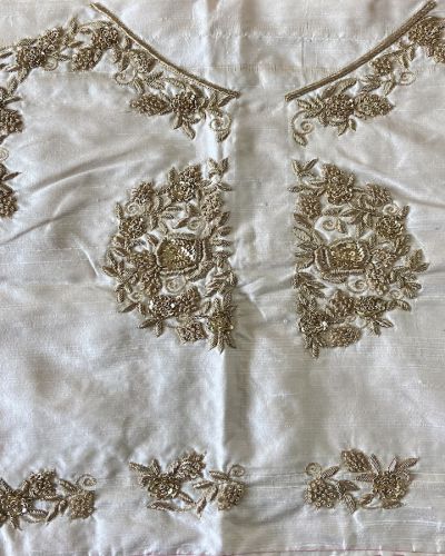 Heavy Zardozi Work Hand Embroidery On Off White Unstitched Blouse Piece