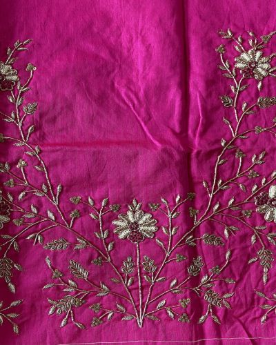 Hot Pink Heavy Zardozi Hand Embroidery Floral Design On Unstitched Blouse Piece