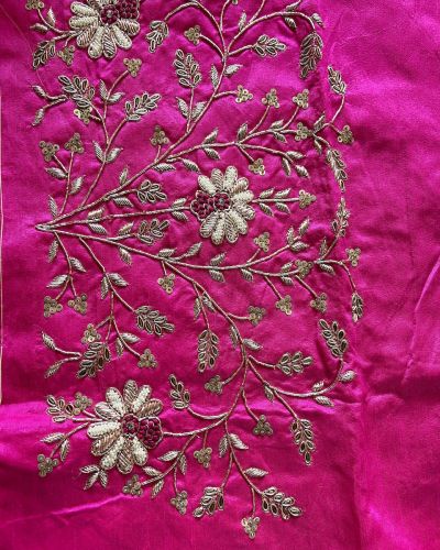 Hot Pink Heavy Zardozi Hand Embroidery Floral Design On Unstitched Blouse Piece