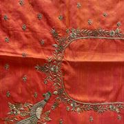 Heavy Zardozi And Buta Embroidery On Orange Unstitched Blouse Piece