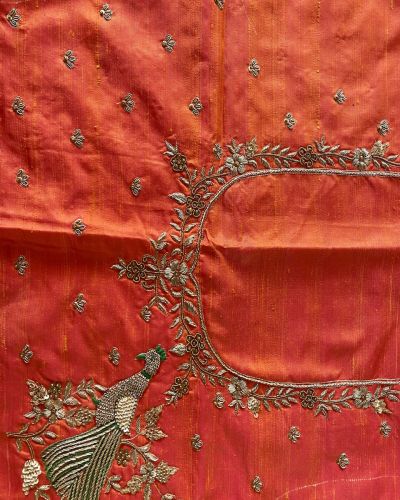 Heavy Zardozi And Buta Embroidery On Orange Unstitched Blouse Piece