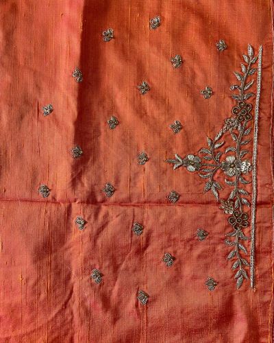 Heavy Zardozi And Buta Embroidery On Orange Unstitched Blouse Piece