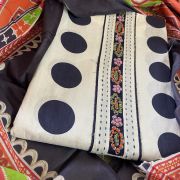 Navy blue polka dot print on white cotton dress material with multi colour dupatta