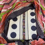 Navy blue polka dot print on white cotton dress material with multi colour dupatta