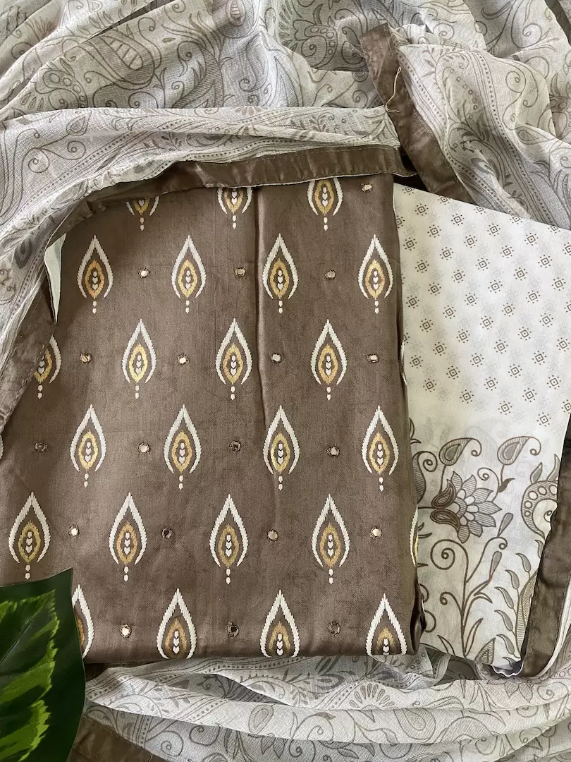 Ochre yellow pure cotton unstitched suit with off white chiffon dupatta