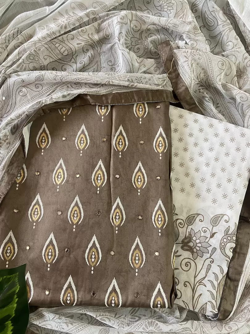 Ochre yellow pure cotton unstitched suit with off white chiffon dupatta