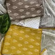 Ochre yellow pure cotton unstitched suit with off white chiffon dupatta