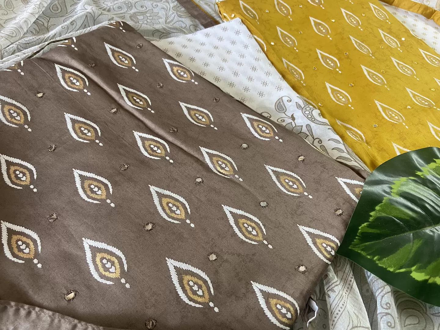 Ochre yellow pure cotton unstitched suit with off white chiffon dupatta