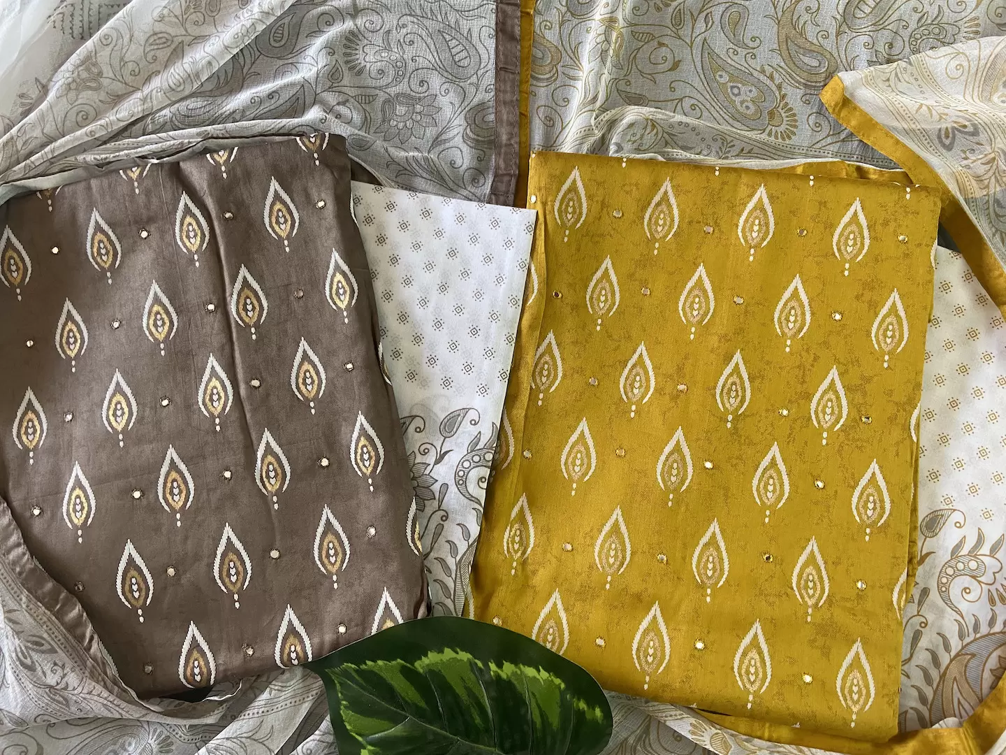 Ochre yellow pure cotton unstitched suit with off white chiffon dupatta