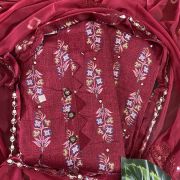 Maroon and Chocolate floral buti print unstitched suit with chiffon dupatta