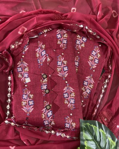 Maroon and Chocolate floral buti print unstitched suit with chiffon dupatta
