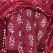 Maroon and Chocolate floral buti print unstitched suit with chiffon dupatta