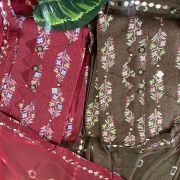 Maroon and Chocolate floral buti print unstitched suit with chiffon dupatta