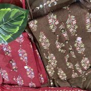 Maroon and Chocolate floral buti print unstitched suit with chiffon dupatta