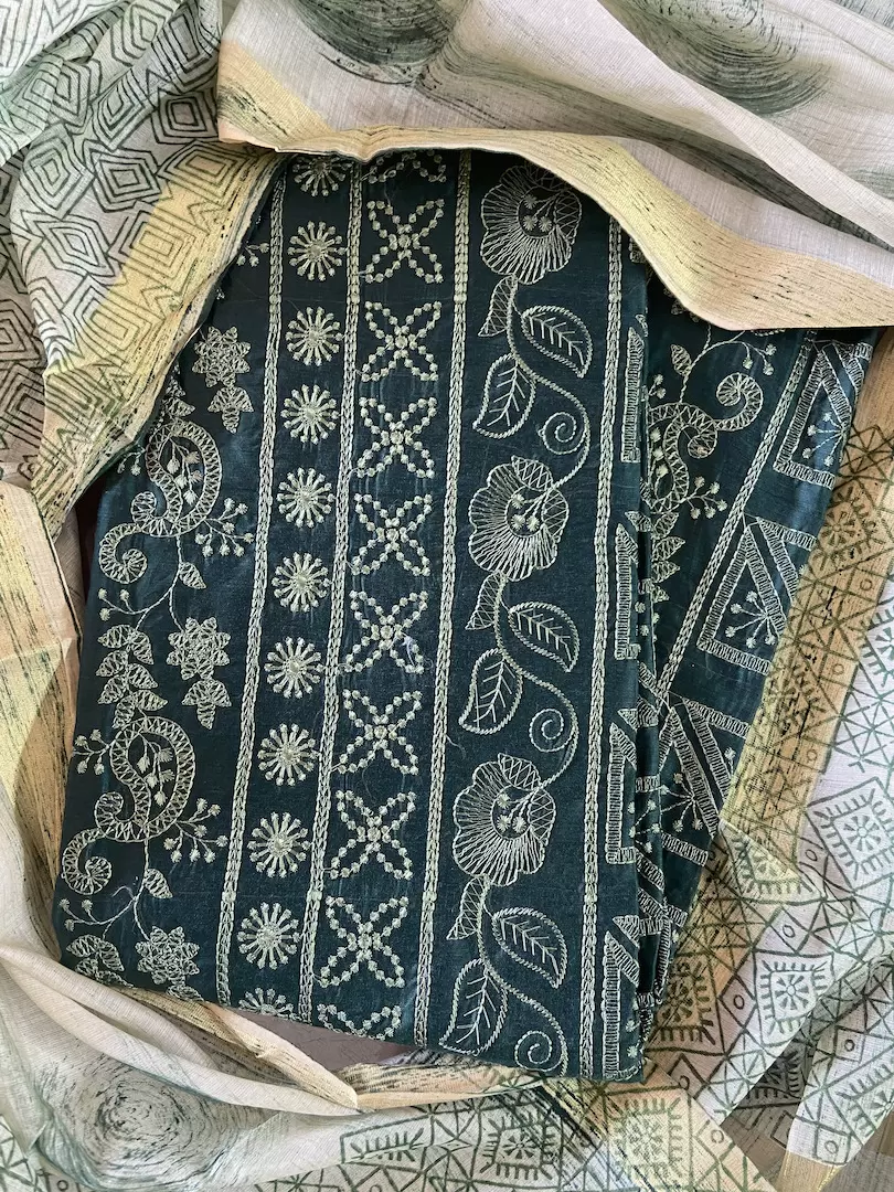 Green chikankari work unstitched suit with cotton dupatta
