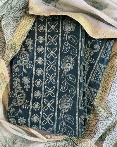 Green chikankari work unstitched suit with cotton dupatta