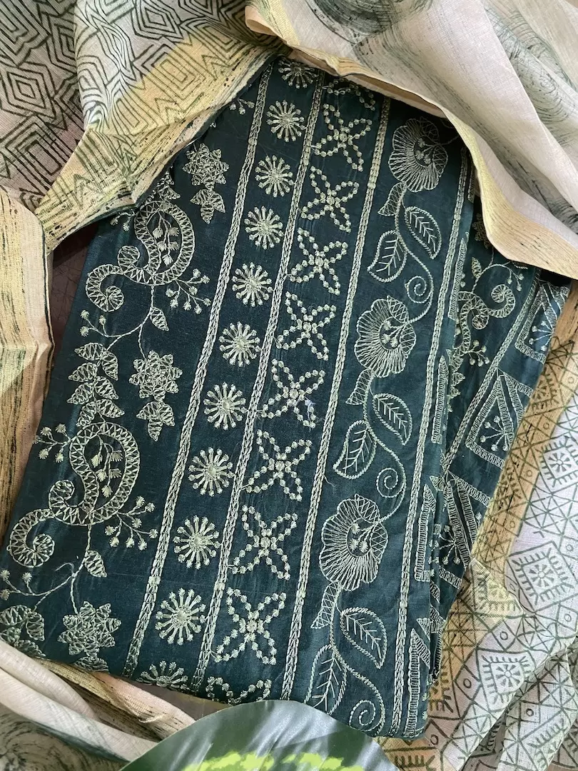 Green chikankari work unstitched suit with cotton dupatta