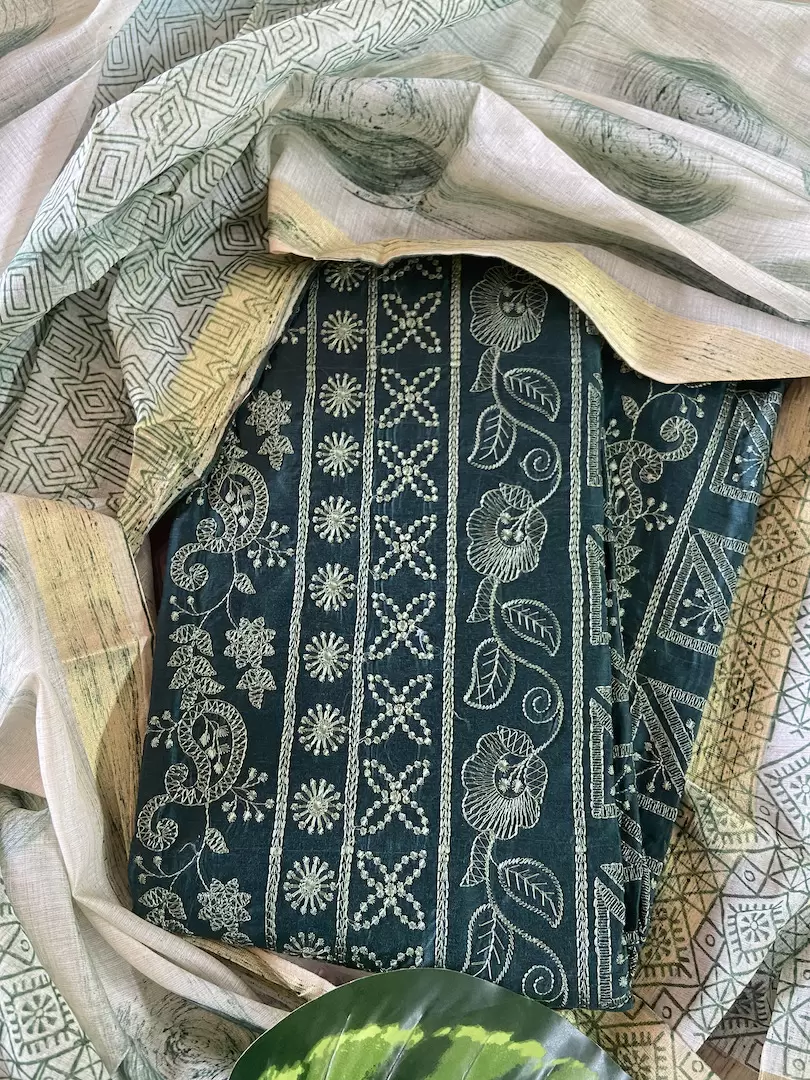Green chikankari work unstitched suit with cotton dupatta